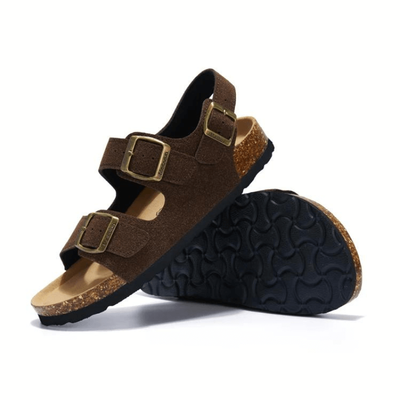 Amalfi Three-Strap Cork Sandals - Dark Brown | Vallentty