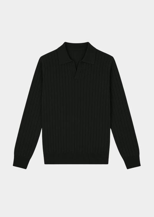 Black Buttonless Ribbed Polo | Vallentty