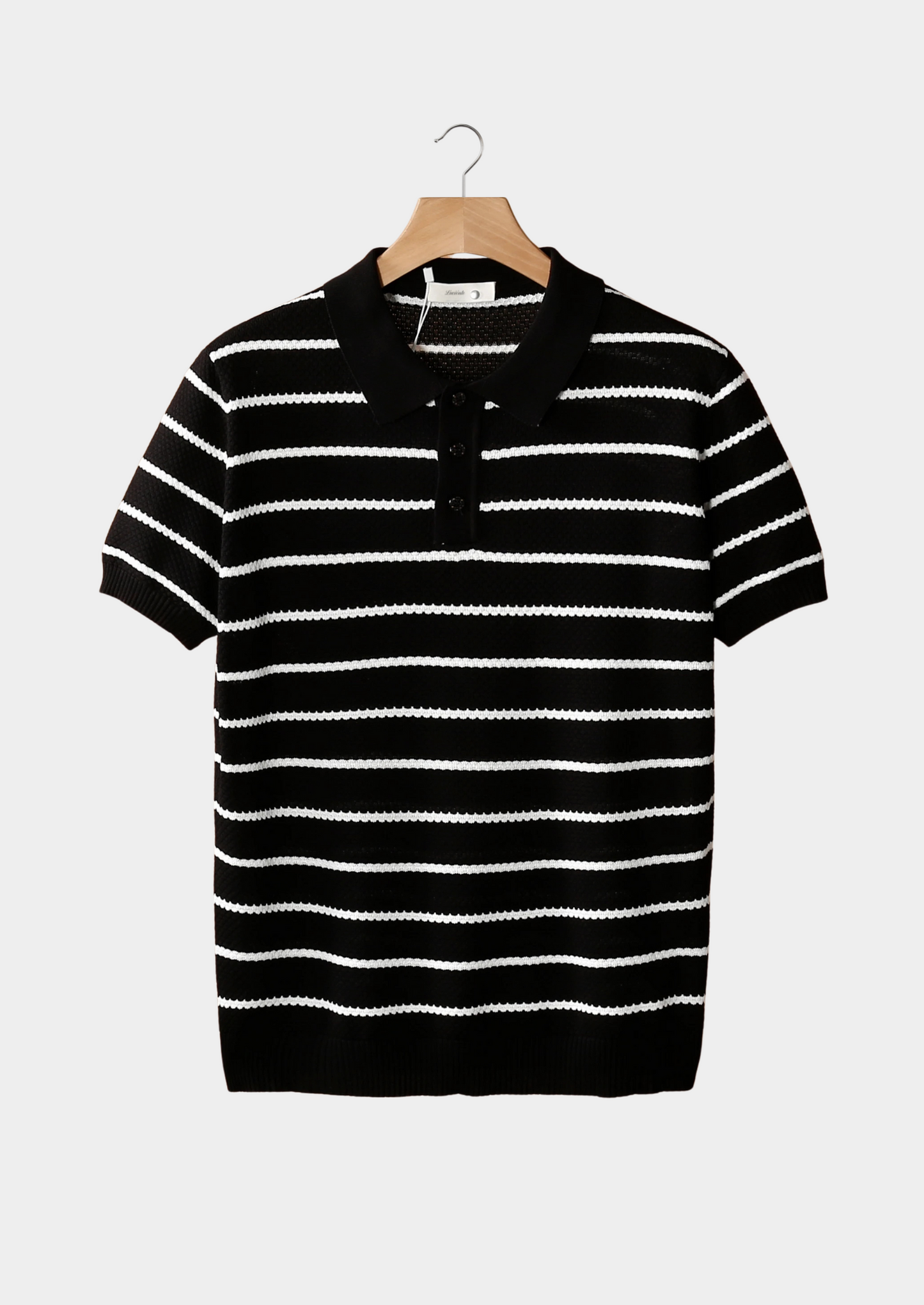 Black Striped Textured Button Polo | Vallentty