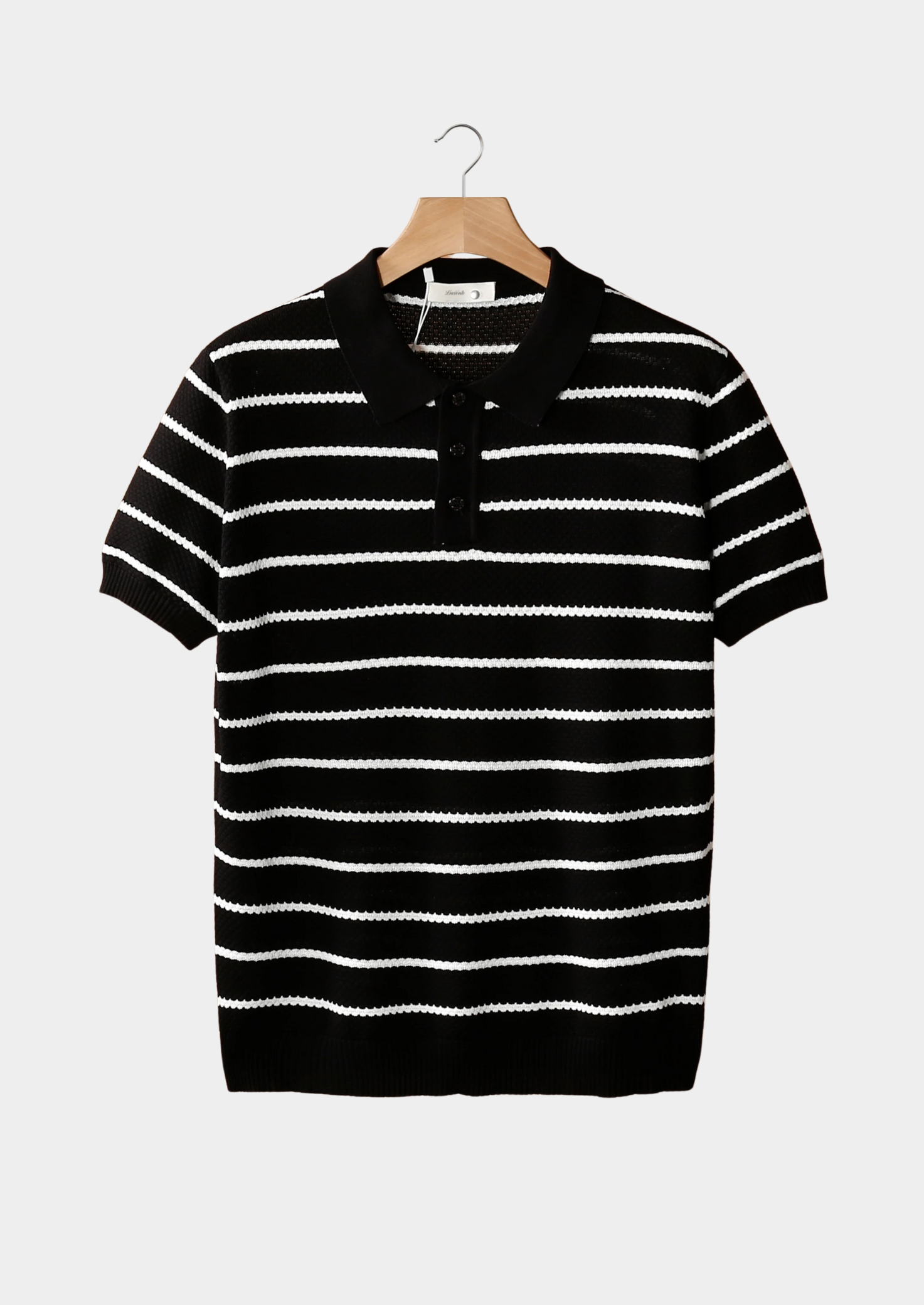 Black Striped Textured Button Polo | Vallentty