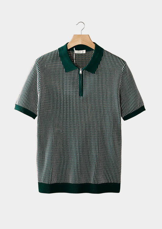 Green Geometric Textured Zipper Polo | Vallentty