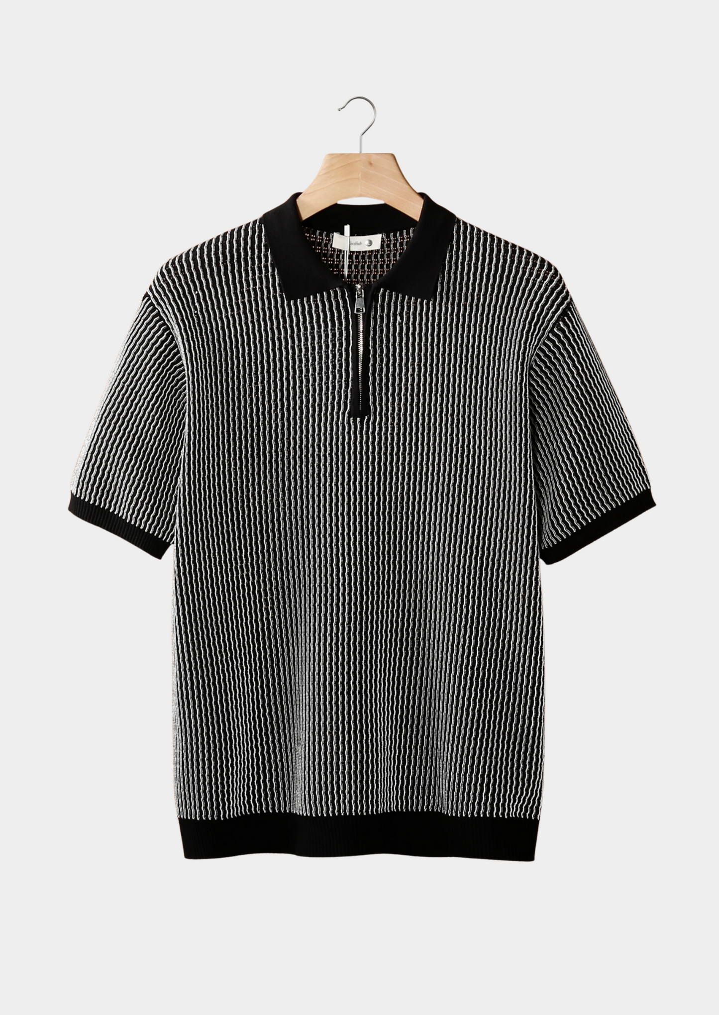 Black Geometric Textured Zipper Polo | Vallentty