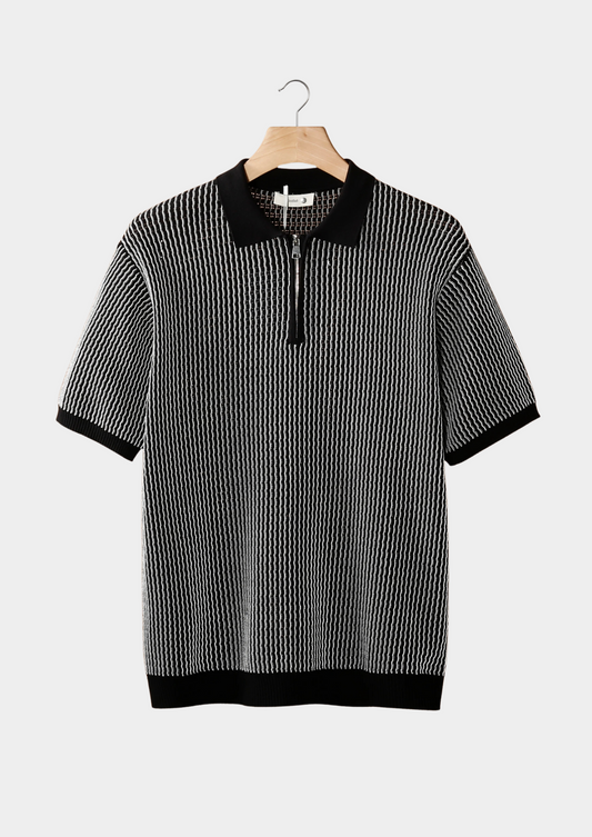 Black Geometric Textured Zipper Polo | Vallentty