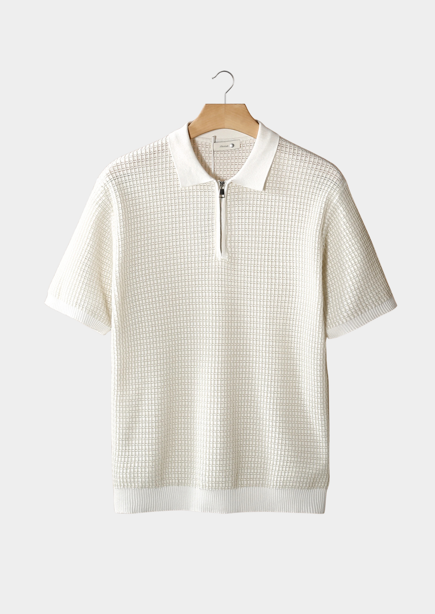 White Geometric Textured Zipper Polo | Vallentty