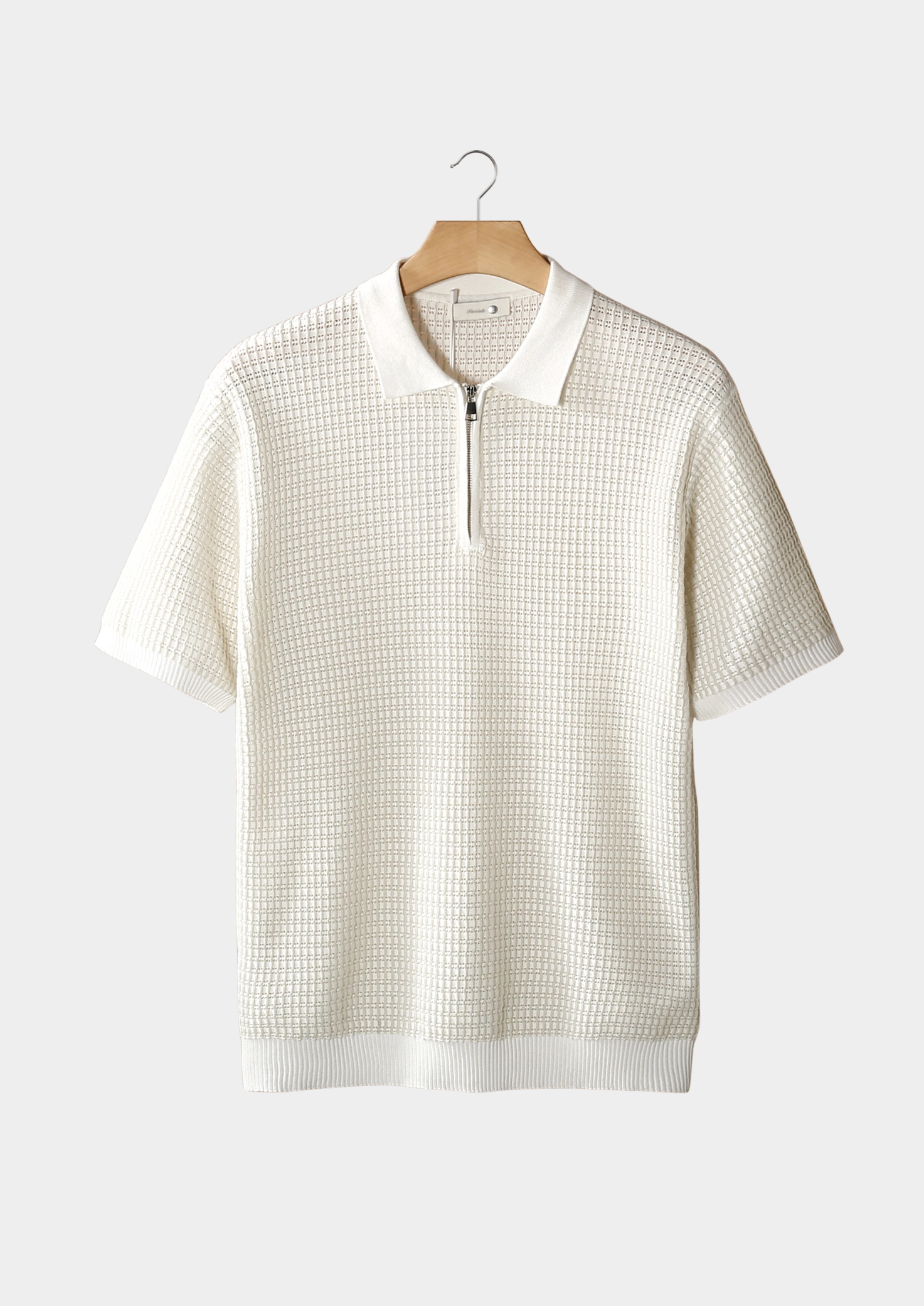 White Geometric Textured Zipper Polo | Vallentty