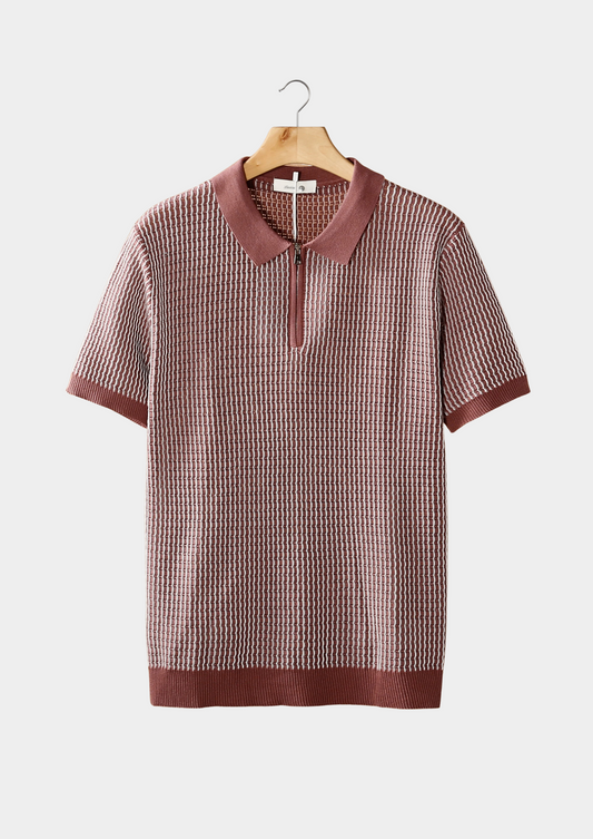 Dusty Rose Geometric Textured Zipper Polo | Vallentty