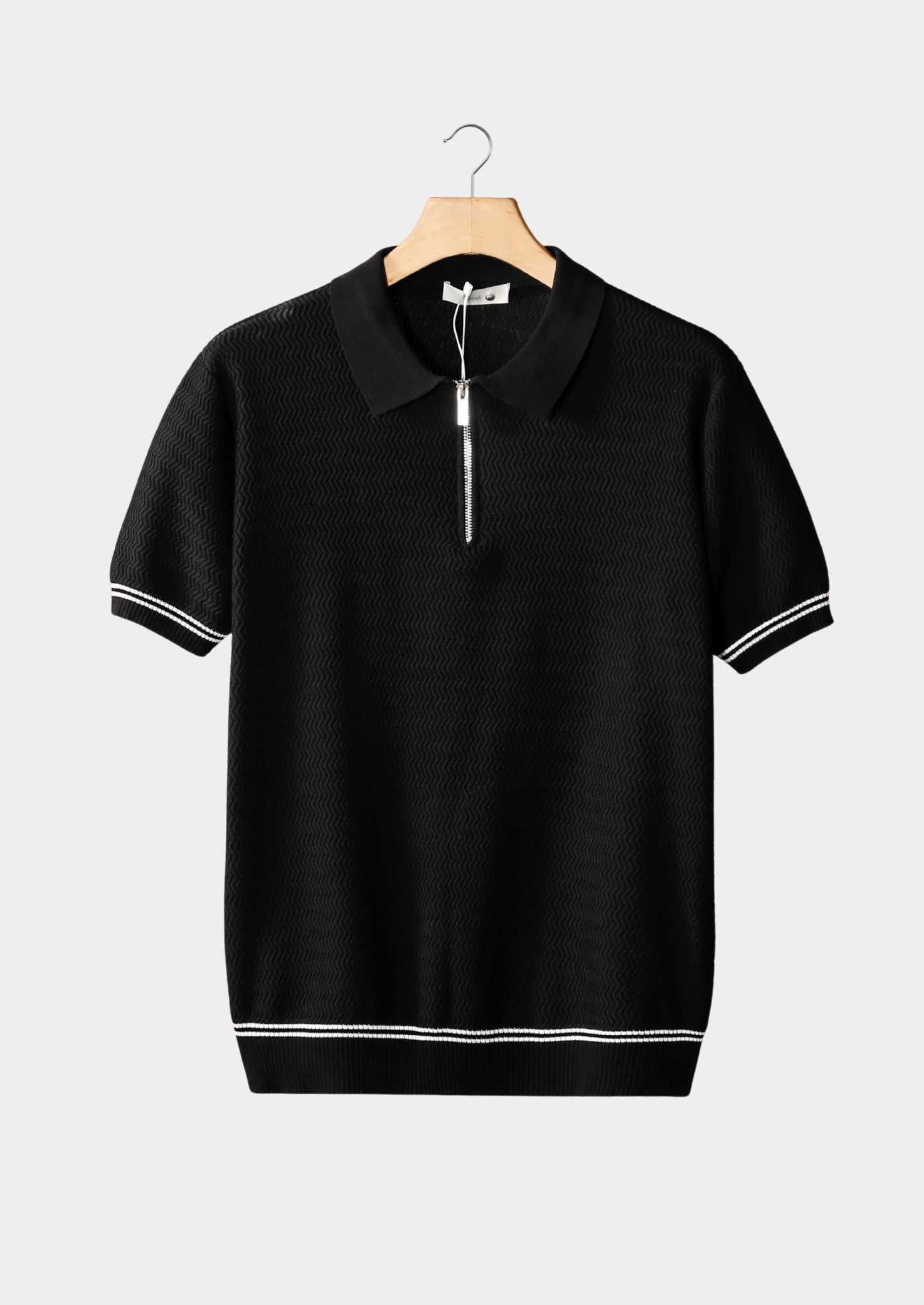 Black Zigzag Textured Zipper Polo | Vallentty