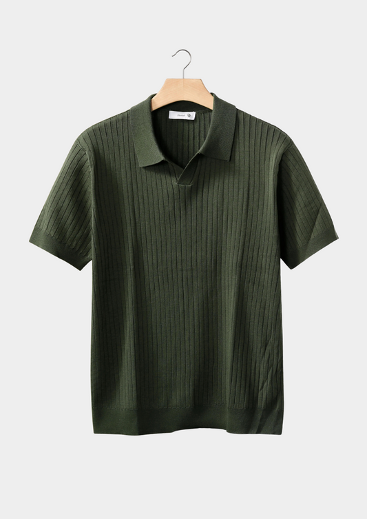 Olive Ribbed Buttonless Polo | Vallentty