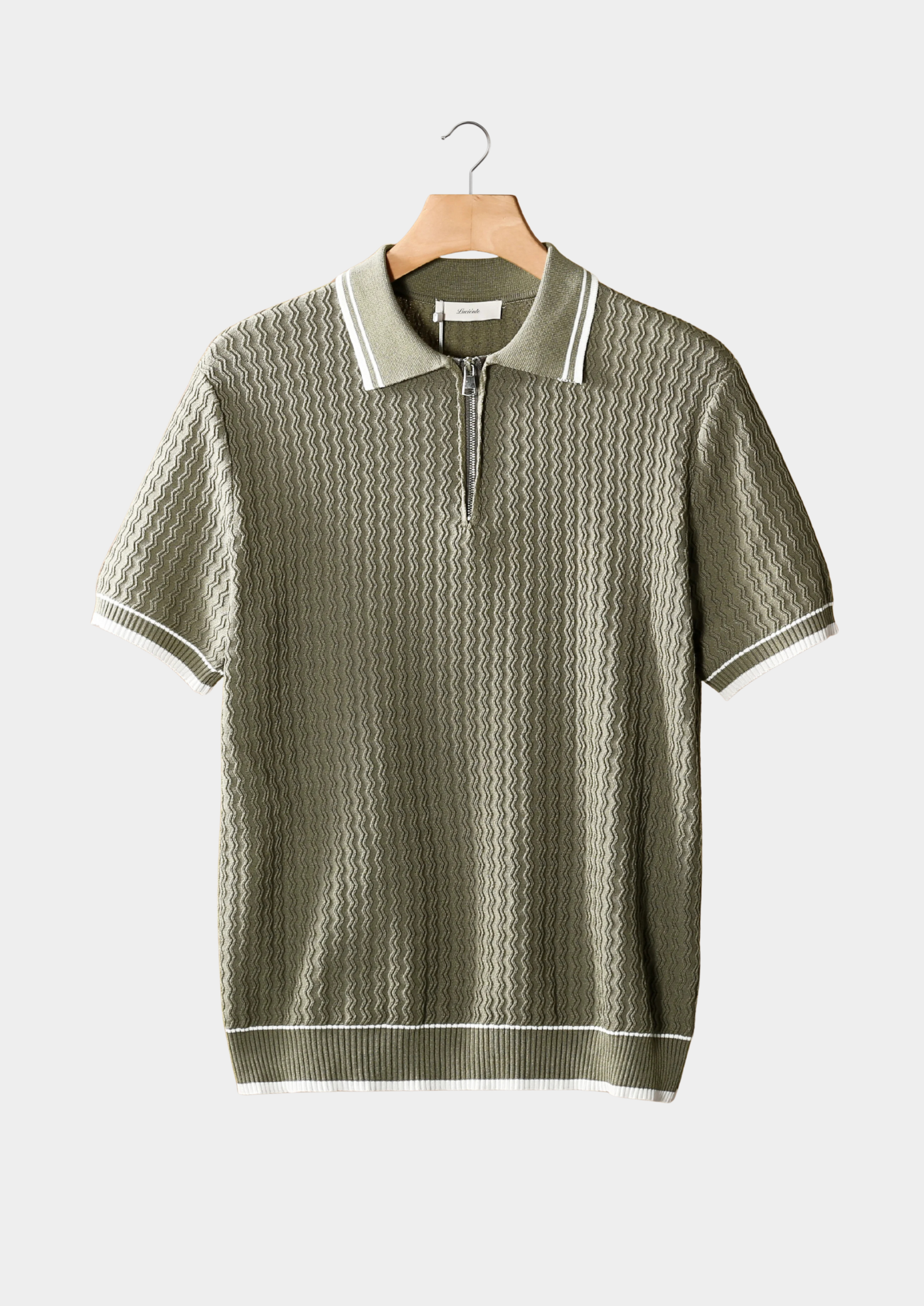 Taupe Wavy Textured Zipper Polo | Vallentty