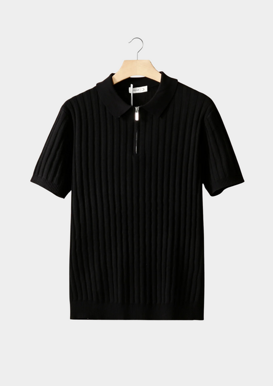 Black Ribbed Zipper Polo | Vallentty