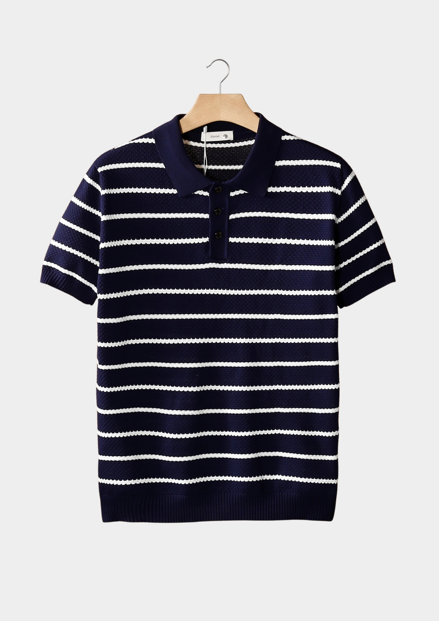 Navy Striped Textured Button Polo | Vallentty