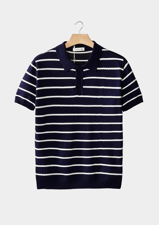 Navy Striped Textured Button Polo | Vallentty