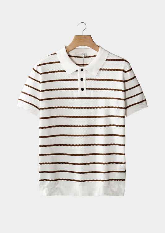 White Striped Textured Button Polo | Vallentty