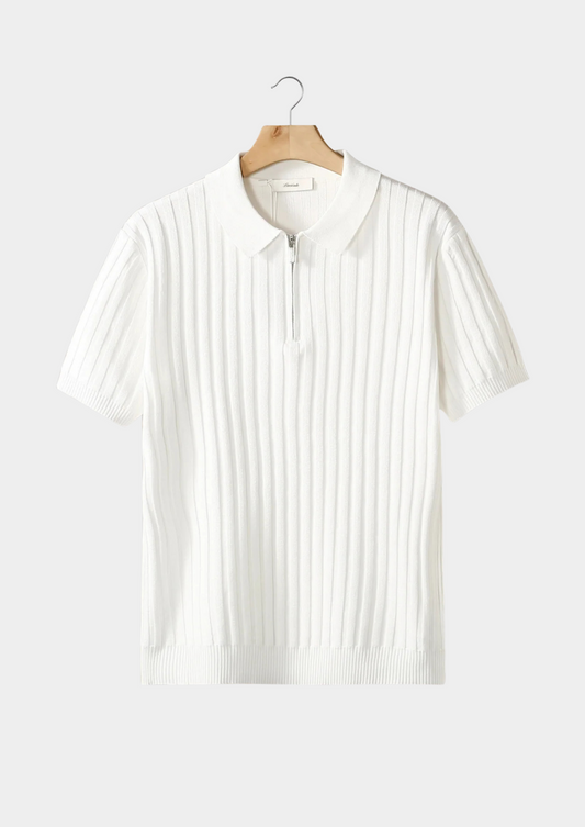 White Ribbed Zipper Polo | Vallentty