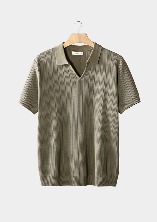 Taupe Open Collar Ribbed Polo | Vallentty