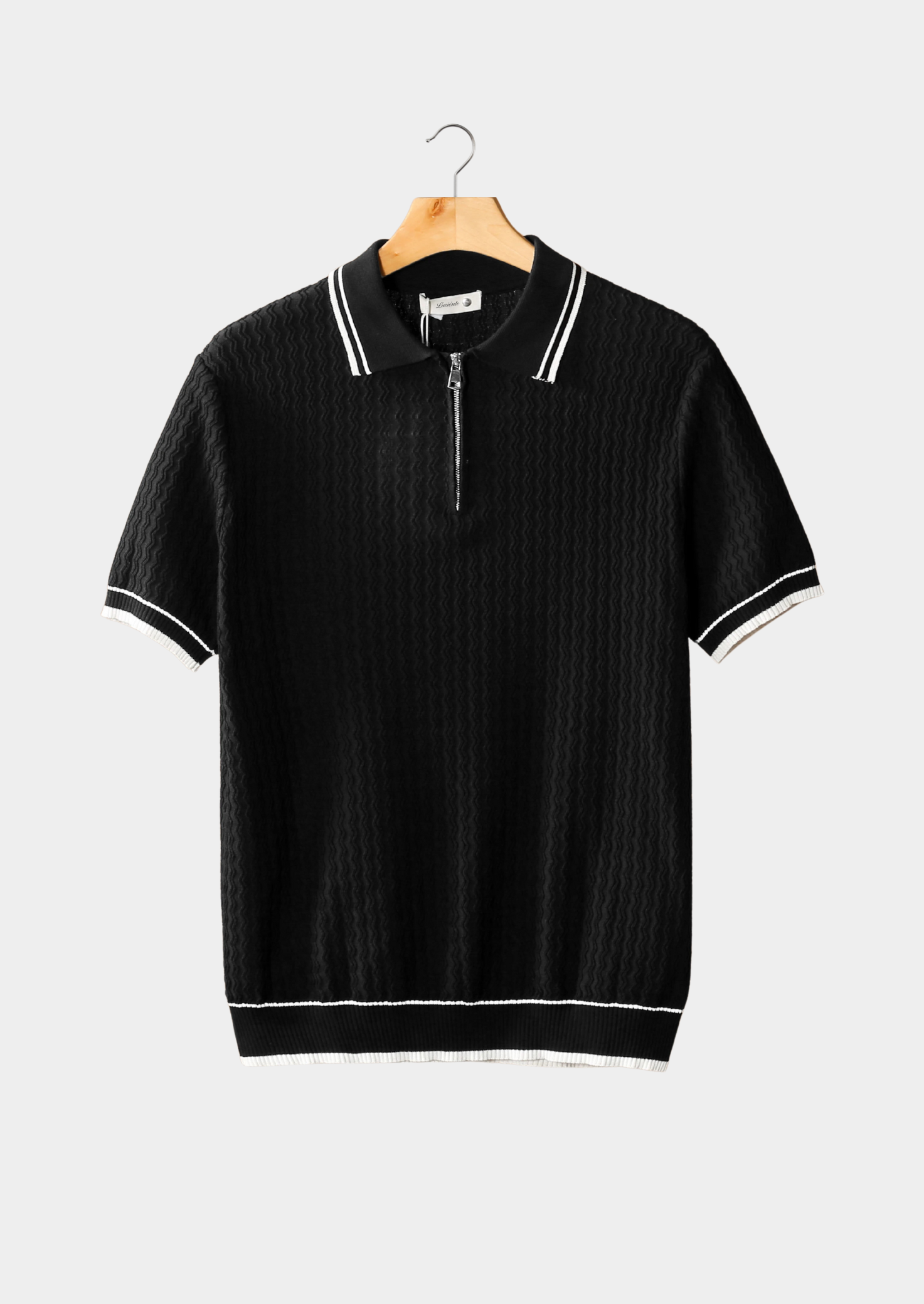 Black Wavy Textured Zipper Polo | Vallentty